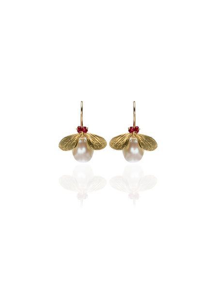 Jeweled Bug Earrings in 14K Gold with Pearl and Ruby