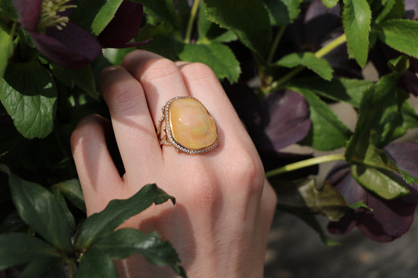 Jelly Opal Coral Branch Ring in 18K Gold with Diamond Pavé