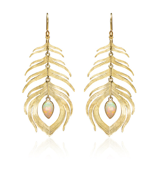 Long Peacock Feather Earrings in 18k Gold with Opal
