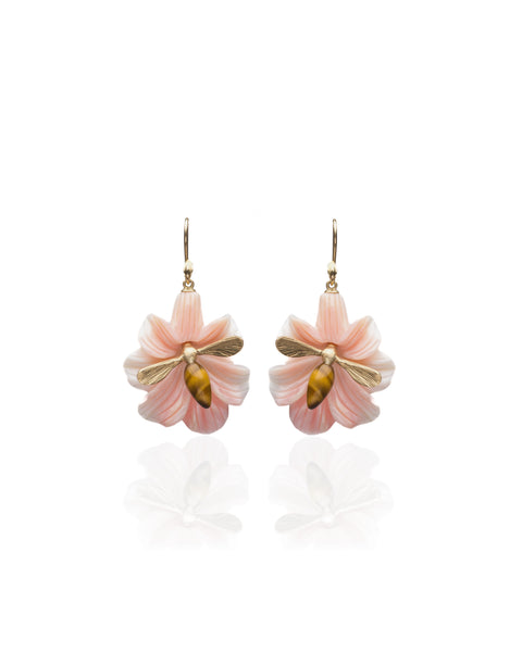 14K Gold and Conch Tiger Lily Blossom Pollinating Bee Earring