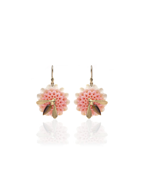14K Gold and Conch Dahlia Blossom Pollinating Bee Earring