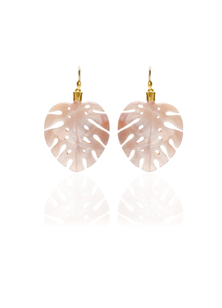 Pink Mother of Pearl Palm Leaf Earring in 18K Gold