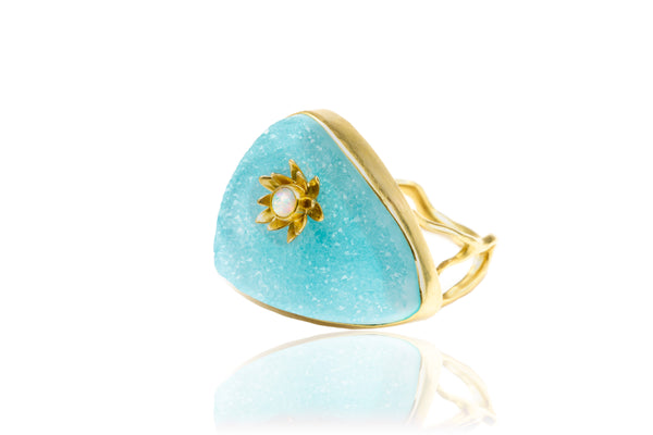 Chrysocolla Druzy Waterlily Ring with Opal Blossom in 18k Gold