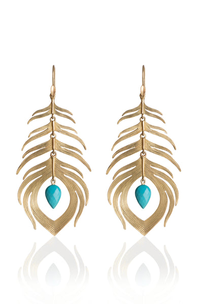 Long Peacock Feather Earrings in 14K Gold