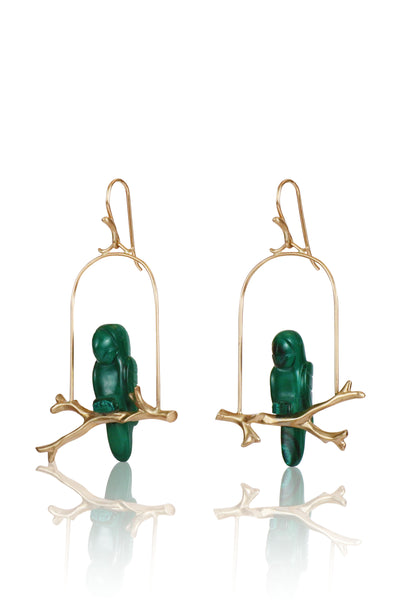 14k Gold & Malachite Amazon Parrot Earrings
