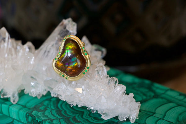 Fire Agate Coral Branch Ring with Tsavorite in 18K Gold