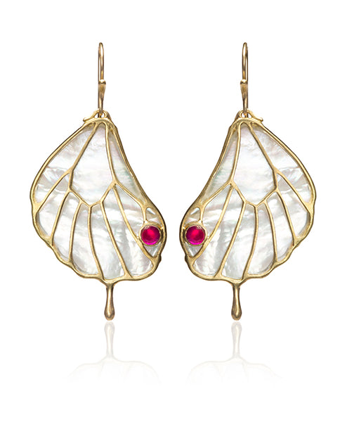 Mother of Pearl Papillon Wing Earring with Ruby in 18k Gold