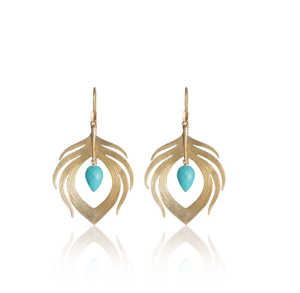 Small Peacock Feather Earring in 14k Gold with Gem Drop