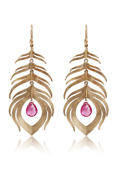 Long Peacock Feather Earrings in 14k Gold with Pink Tourmaline