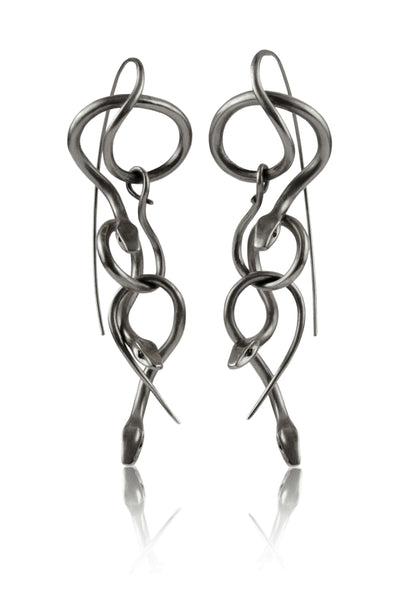 Serpent Chandelier Earrings in Oxidized Sterling Silver with Black Diamonds